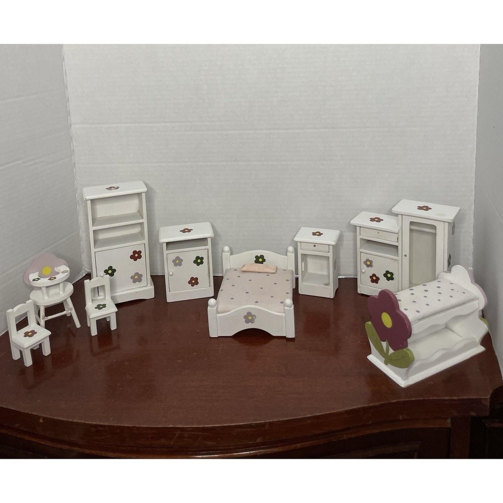 Vintage Wooden Dollhouse Furniture and Miniatures White With Flowers Lot Of 9